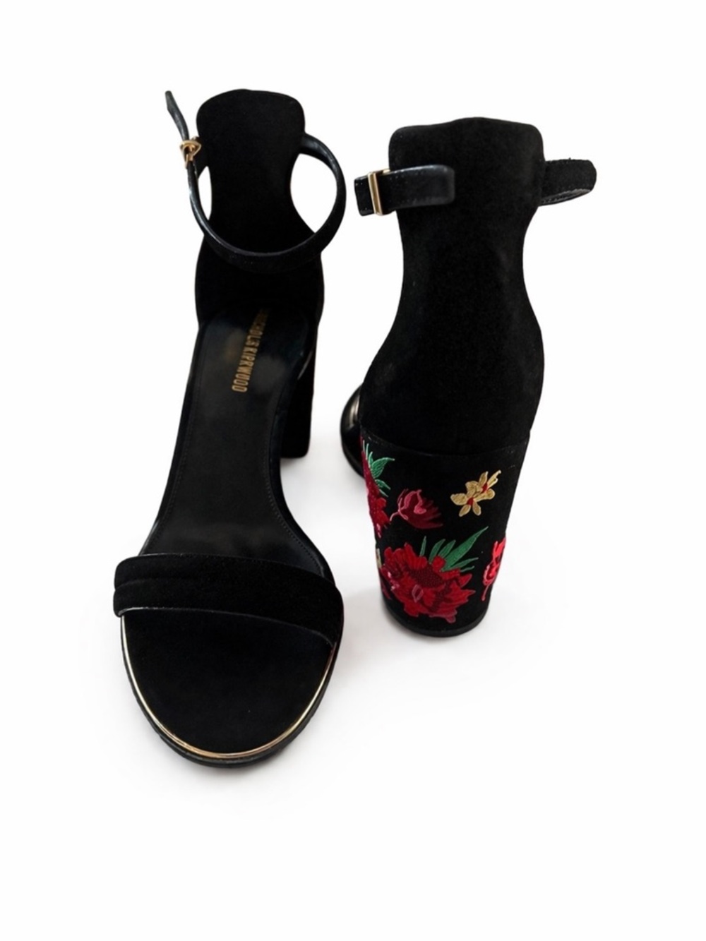 Kenneth Cole Lisa Floral Embroidered Block Heel Sandals 8.5 Black Suede
